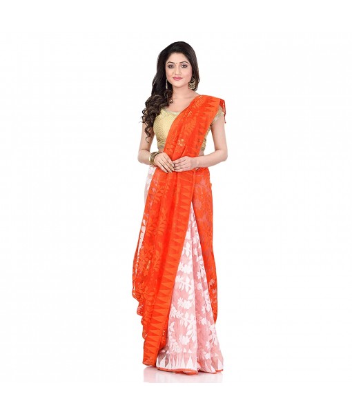 Desh Bidesh Women`s Bengal Handloom Tant Soft Dhakai Jamdani Cotton Saree Whole Body Design (Orange White)